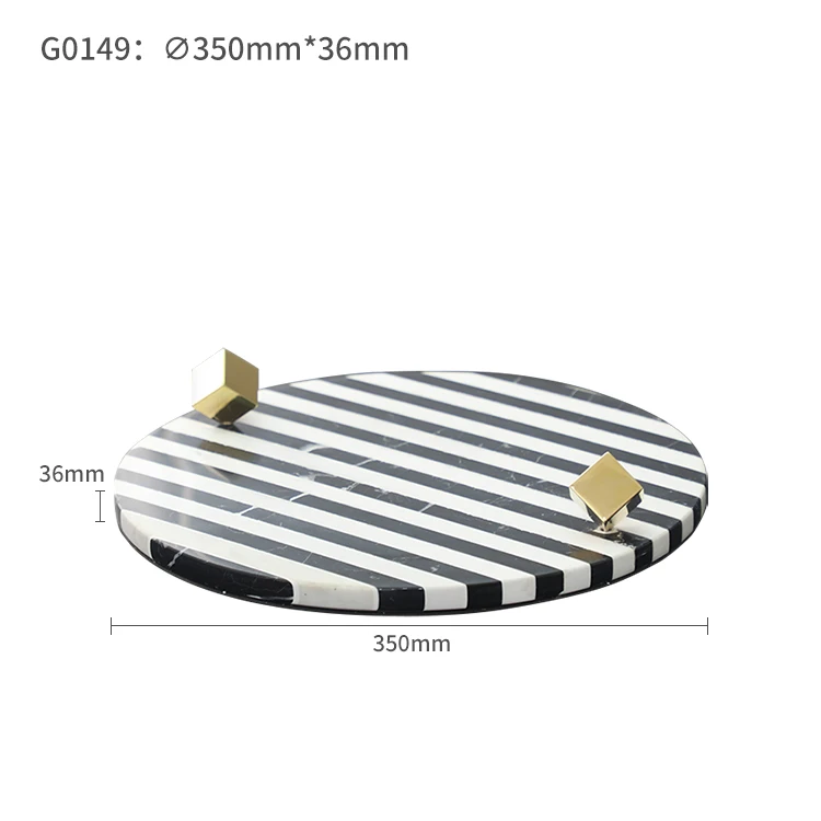 Classic black and white stripes decorative round marble serving tray for perfume