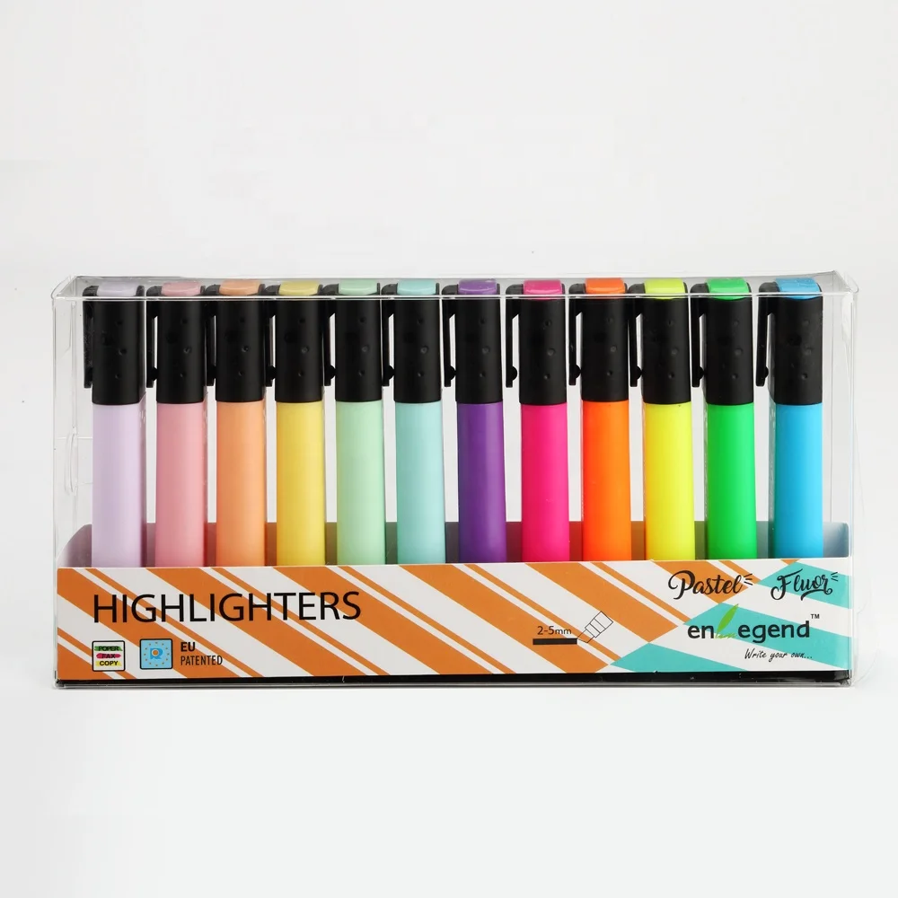 Practical Highlighter Marker Pen Set: Square Barrel Design in Classic Style with 12 Colors