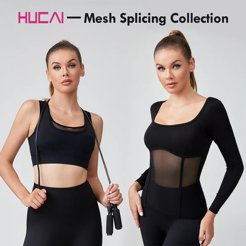 HUCAI custom modal spandex slim fit sexy square neck sports corset mesh patchwork Yoga top long sleeve gym t Shirt for Women