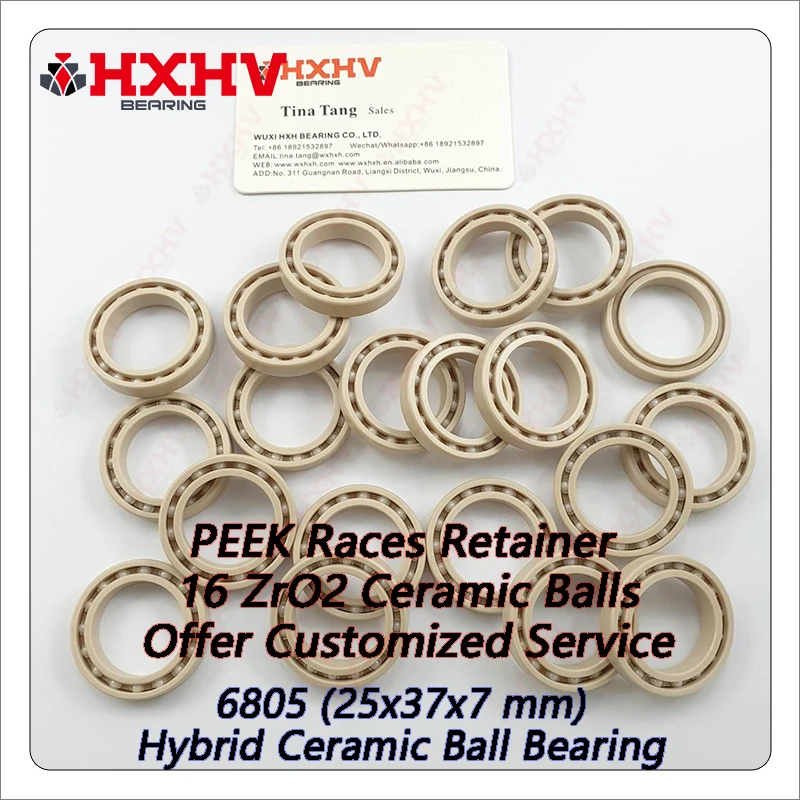 6805 Thin Single Row PEEK Races Retainer 16 ZrO2 Balls 25x37x7 mm HXHV Plastic Ball Bearing