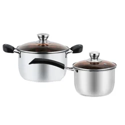 2pcs cookware set 22cm Soup Pot & 18cm Milk Pot Thickened Composite Bottom Stainless Steel Pot Set With Glasses Lid