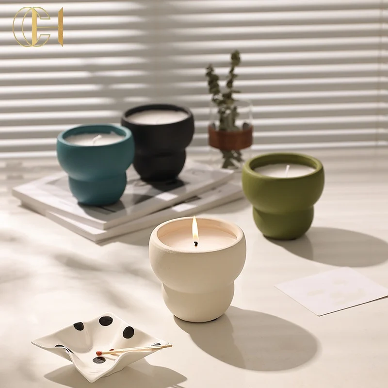 C&H 2024 Modern Cement Candle Holder Custom Logo Luxury Concrete Candle Vessels Jar For Home Decor