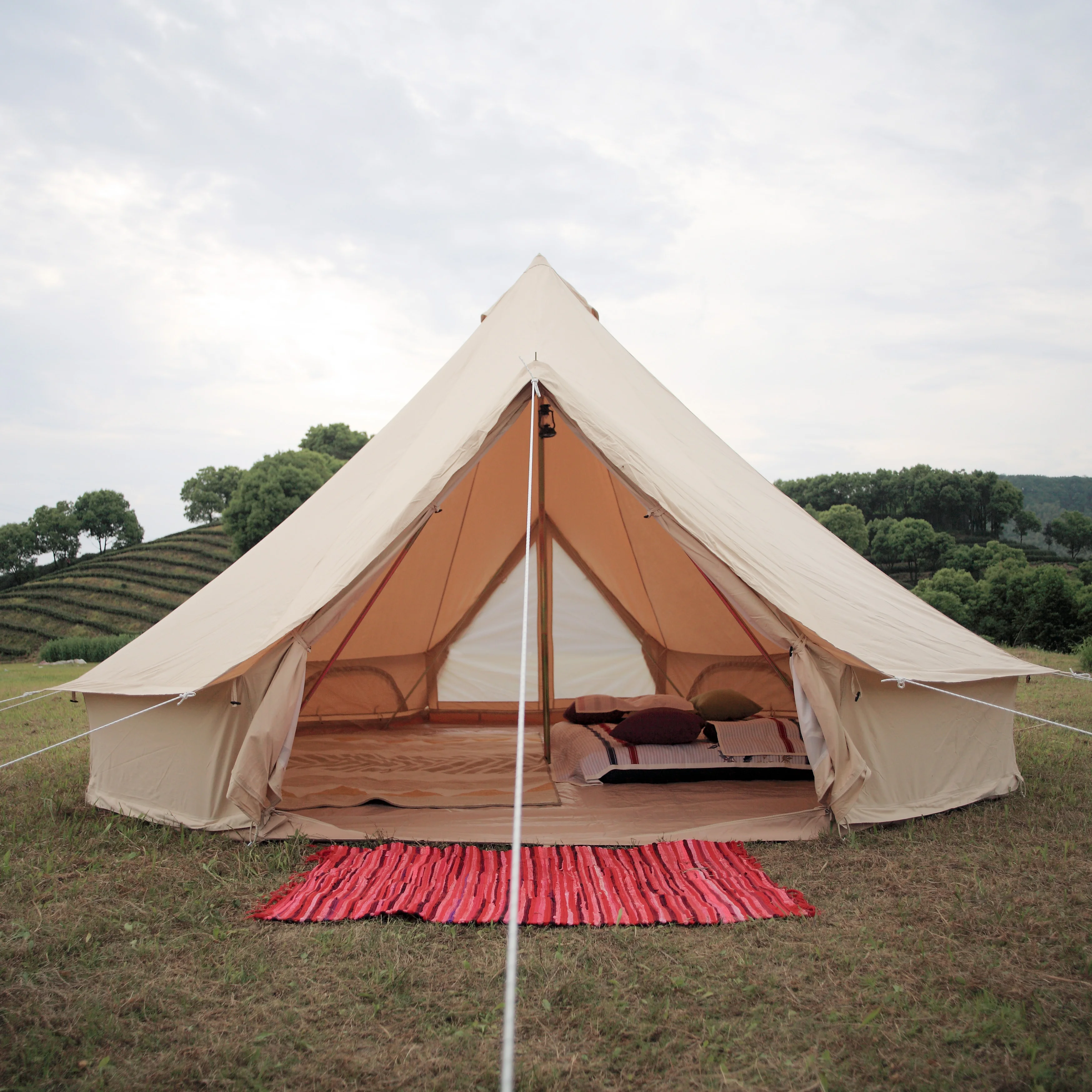 Custom fire resistant and mildew resistant double door cotton canvas bell tent 5m 6m glamping outdoor tents