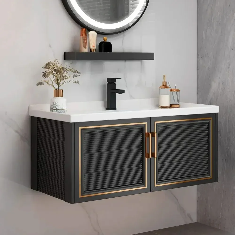 Luxury Modern Thin Edge Vanity Top Single Black Floating Bathroom Vanity Set Drop-In Ceramic Sink with Cabinet