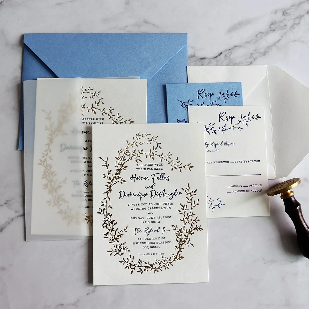 Rustic Design Cotton Paper Cards Gold Foil and Letterpress Wedding Invitations With Wax Seal and RSVP Cards