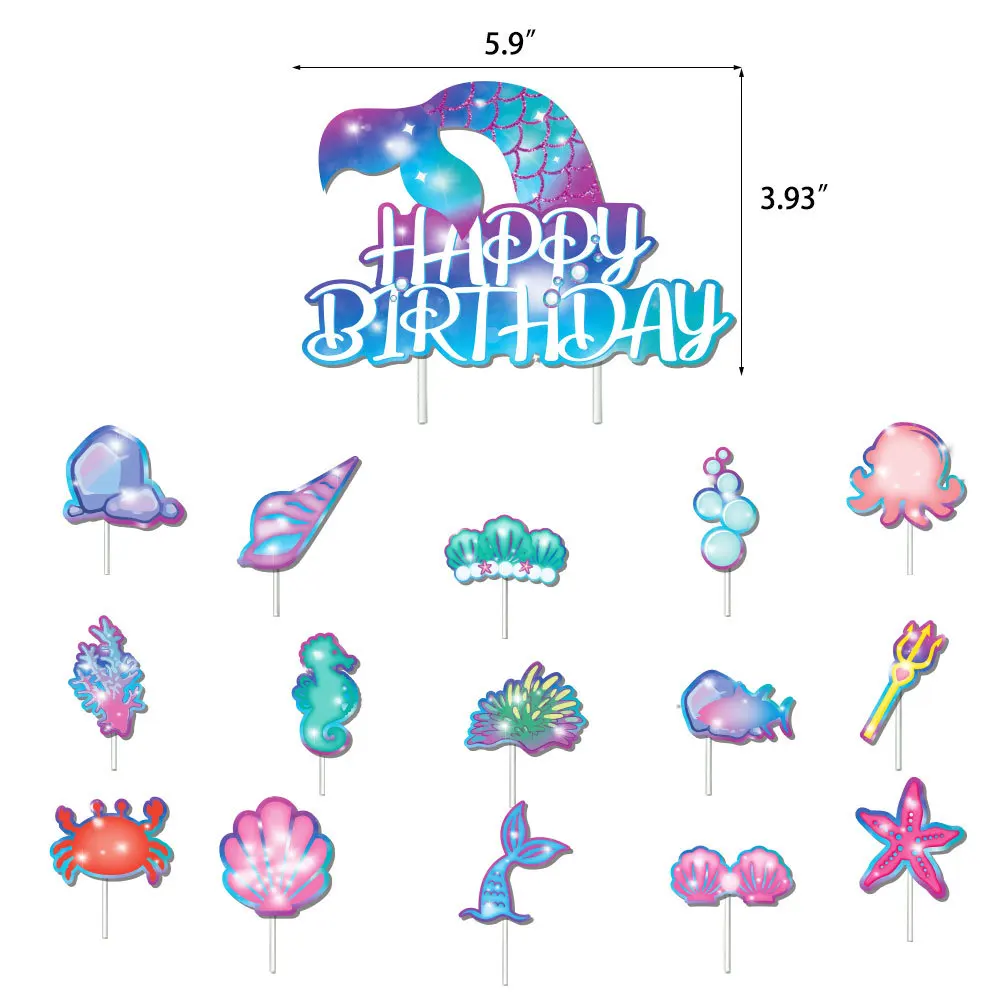 Cartoon Mermaid Princess Ocean Underwater World Girl Birthday Party Decoration Kit Hanging Banner Balloon Cake Topper Set
