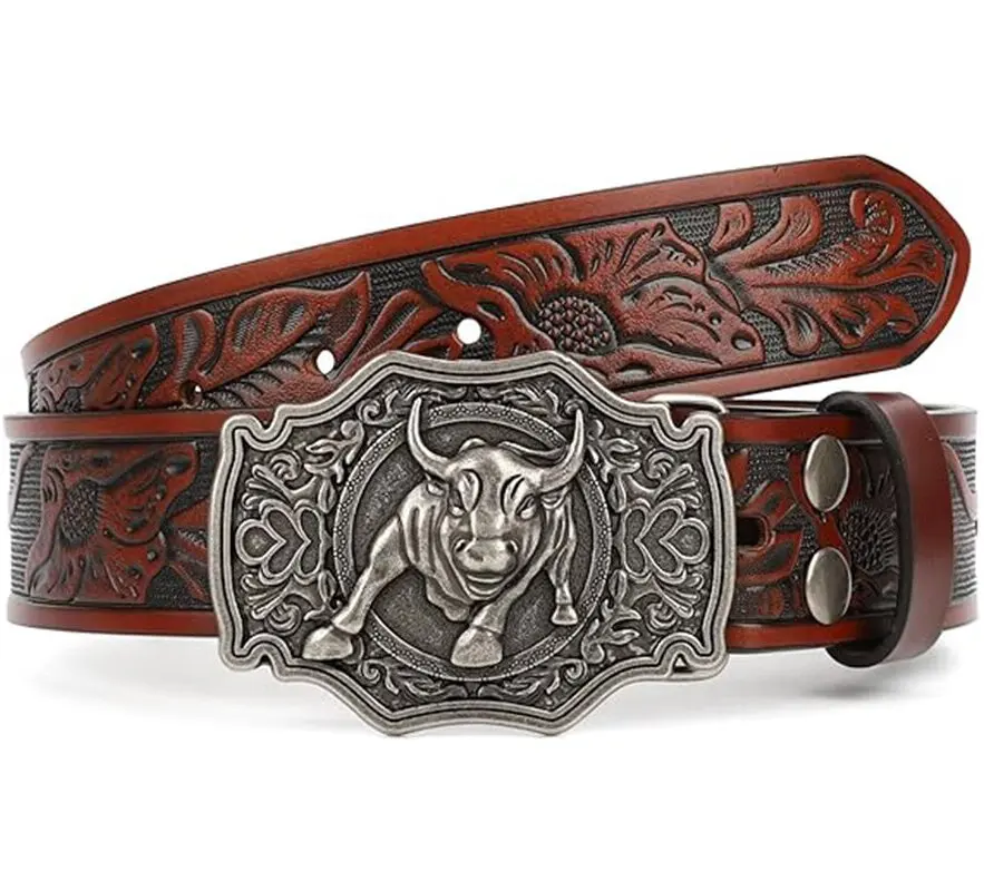 Western Vintage Genuine Leather Belt For Jeans Pants for Men Engraved Cowboy Belt