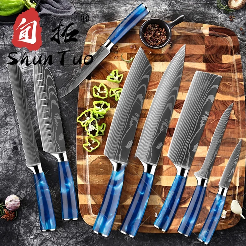 10 pcs Exquisite blue resin handle Laser Damascus pattern Chef knife Santoku Cleaver Slicing kitchen knives set