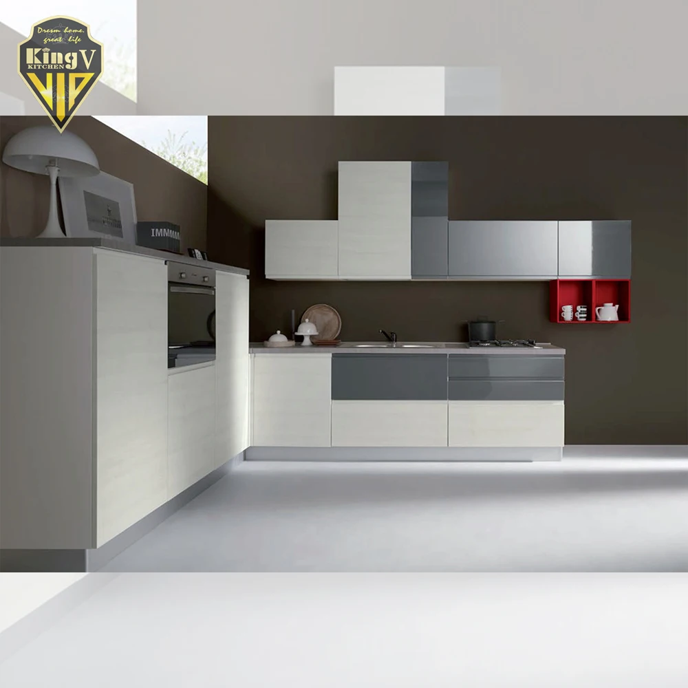 modern luxury white PET and HPL modern high gloss acrylic designs kitchen cabinet sets made in china KINGV