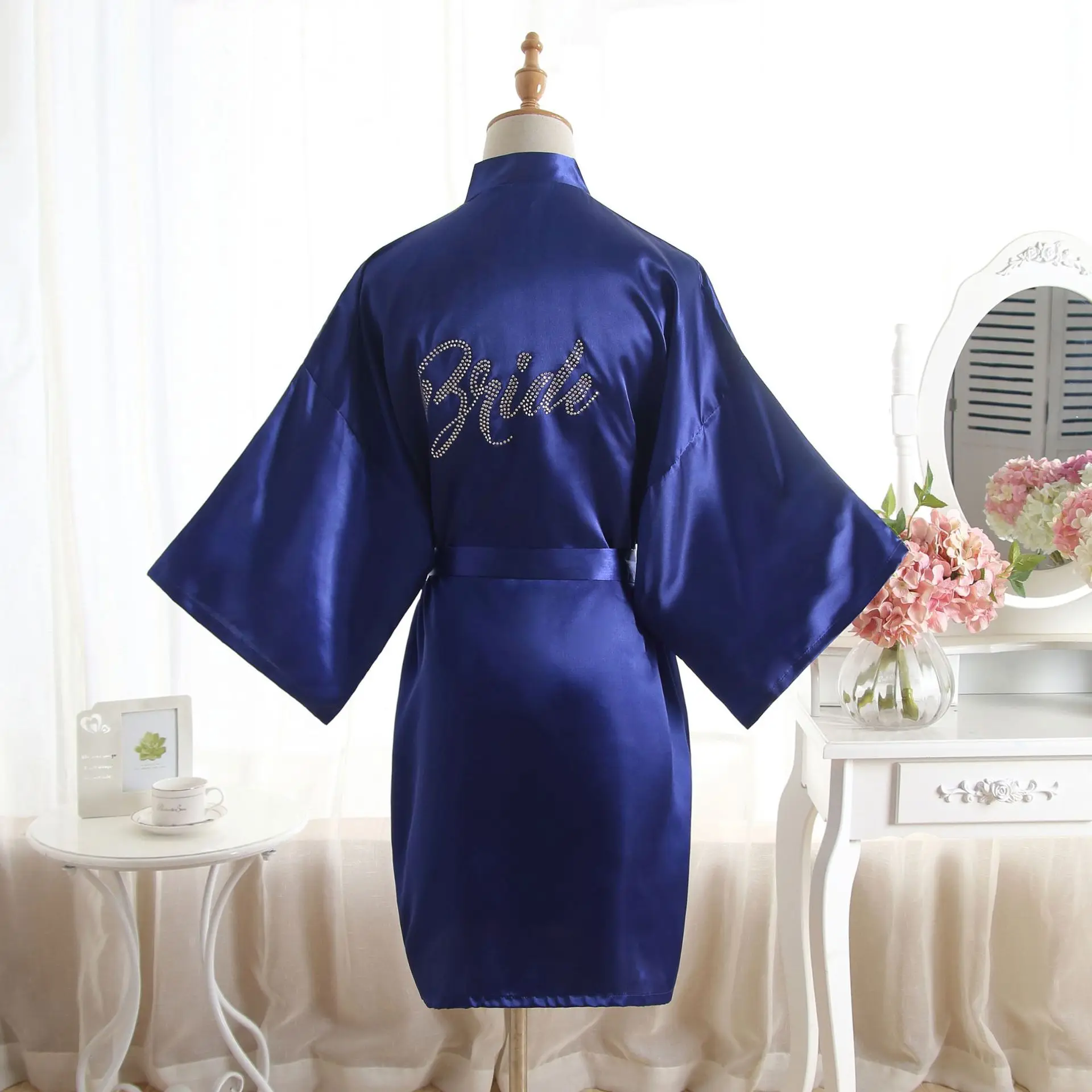 WH34-2 Sliver Glitter Font printed new Fashion wedding dress satin for bridesmaid light satin robe short sleeve robe bridal robe