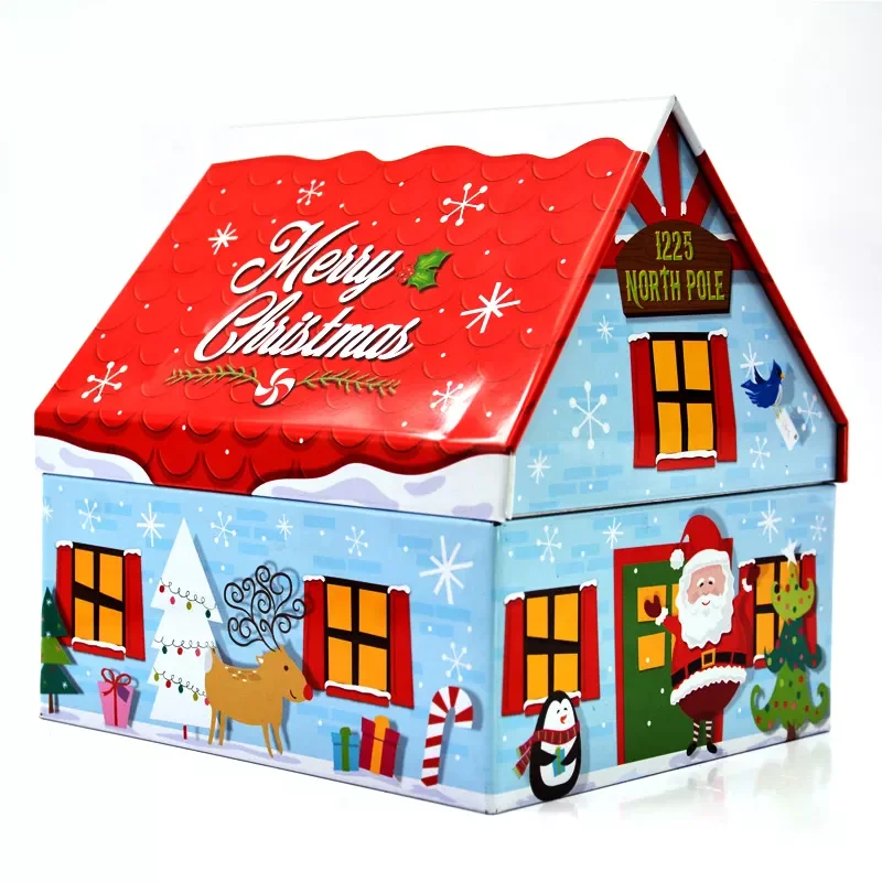 Christmas House Shape Candy Tin Box High Quality Custom LOGO Luxury Chocolate Cookie Candy Holiday Gift Metal Tin Can