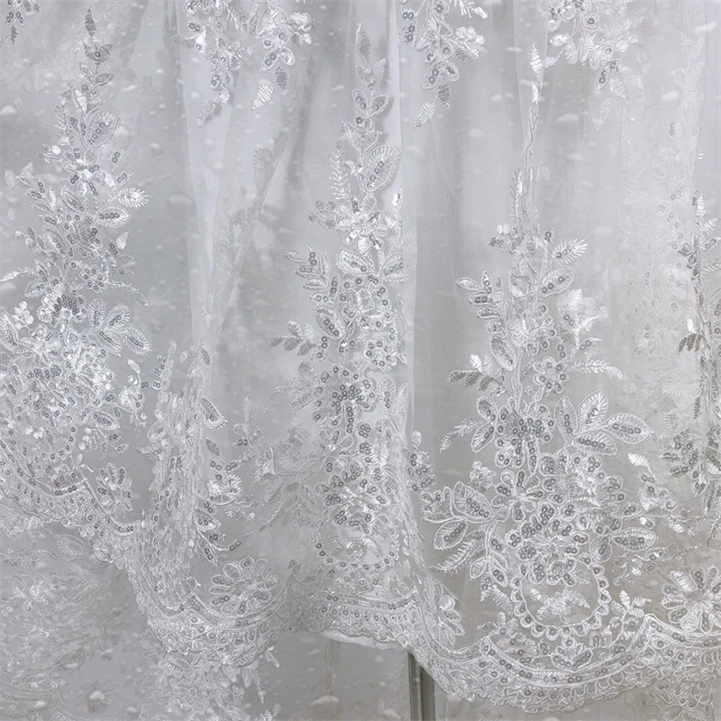 Wholesale French Mesh White Sequin Fabric Bridal Embroidery Lace Polyester Tulle Wedding Clothing Textile Fabric