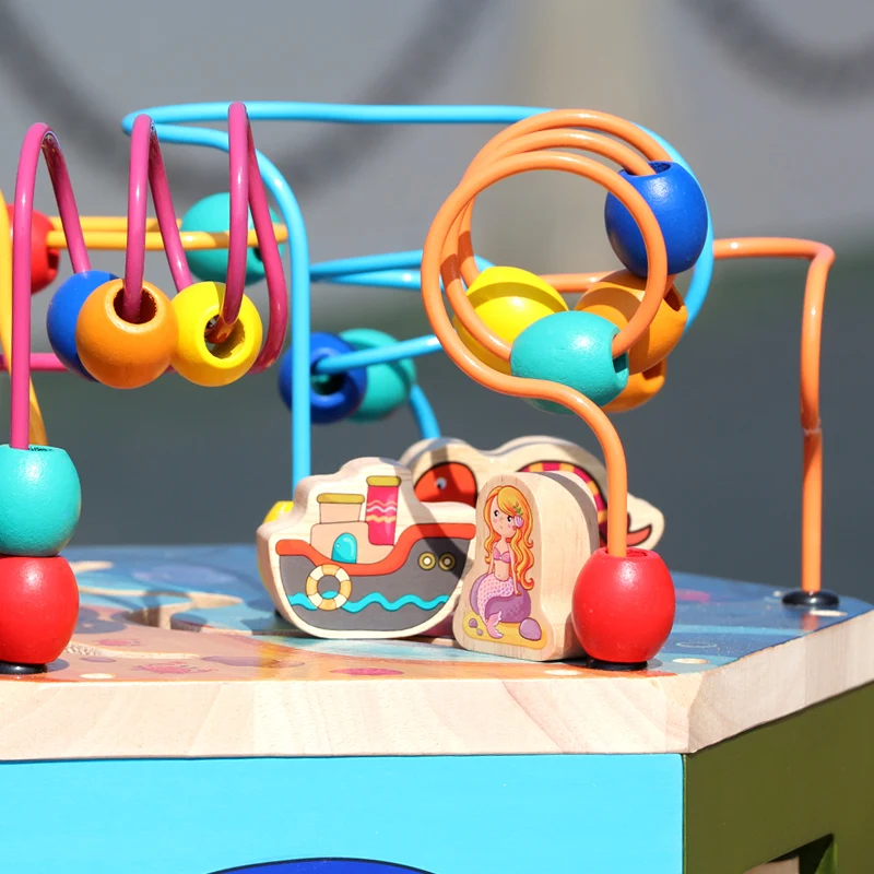 Multifunction Ocean Musical Six Sides Wooden Bead Maze Children Intelligence Learning Educational Cube Toy