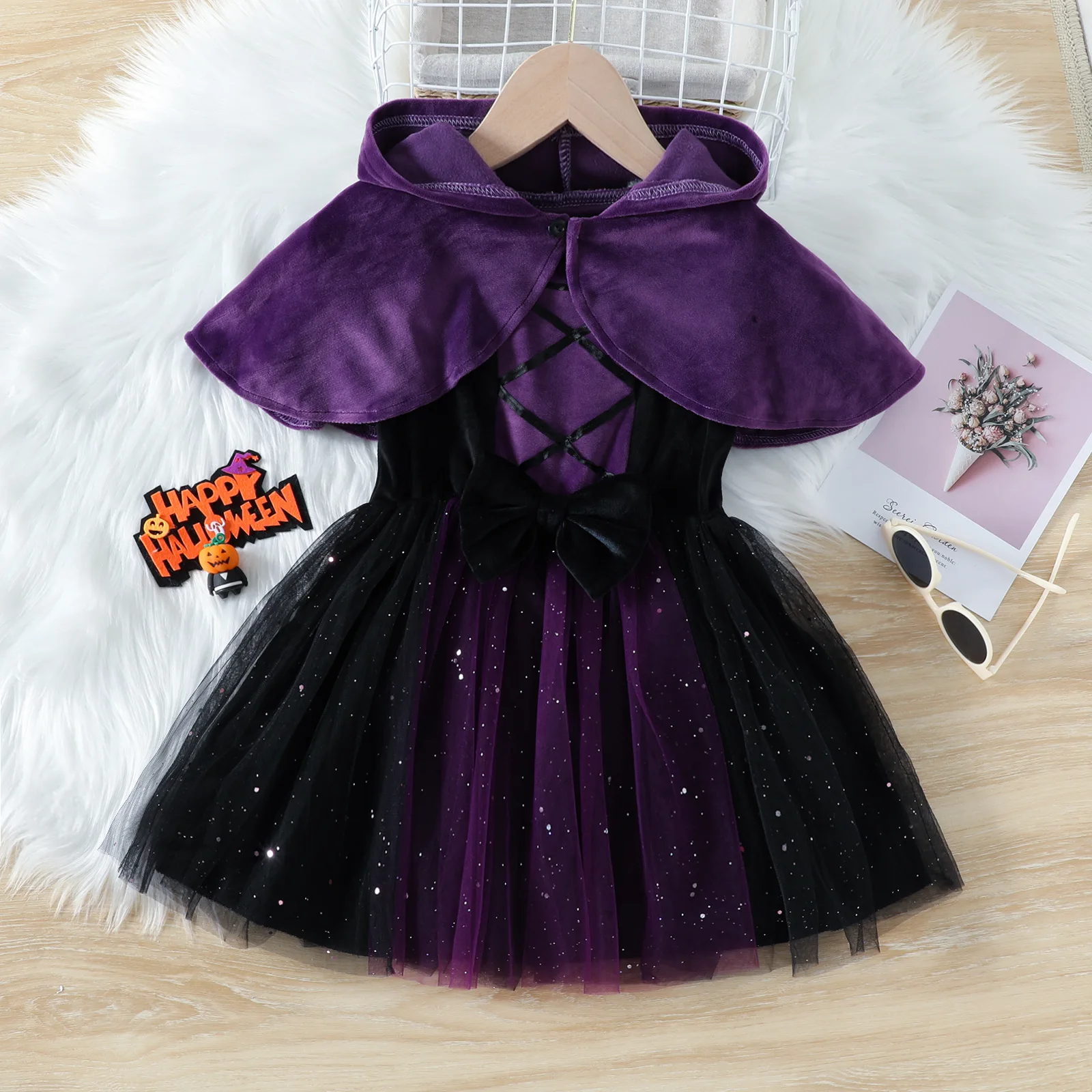 Princess Dresses for Girls Purple Velvet Cloak + Tulle Dress 2 Piece Clothing Set Kids Halloween Cosplay Clothes Sets