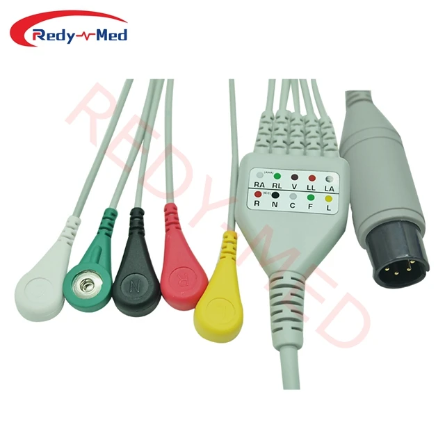 ECG Cables 5 lead snap AHA for AAMI 6Pin compatible with Mindray, Edan, Goldway