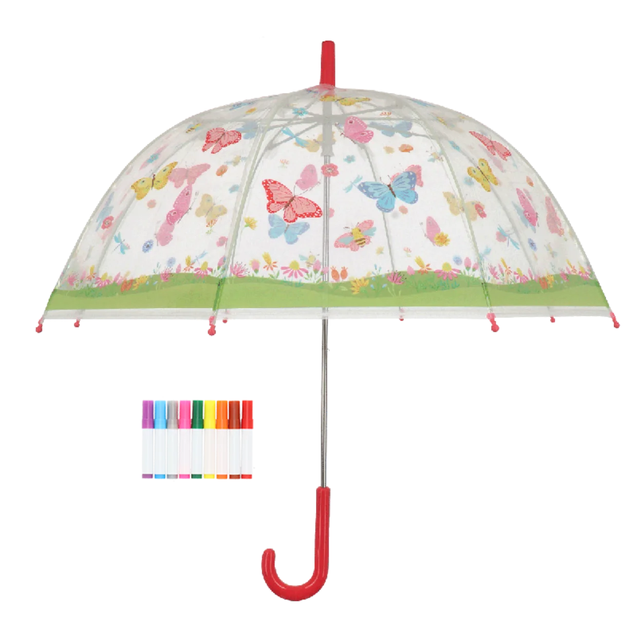 Esschert Design 8K 18inch Automatically Transparent Kids Drawings Paint It Yourself Butterflies Straight Umbrella