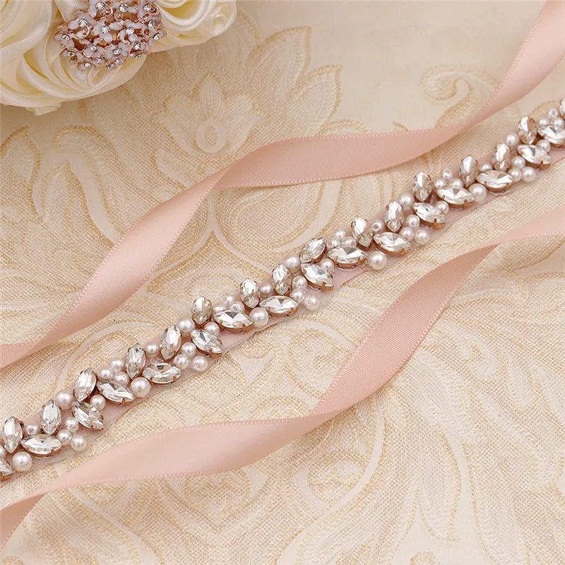 
Handmade Gold Crystal Pearl Rhinestone Wedding Belt Beaded Applique Iron on Satin Ribbon Wed Bride Belt 