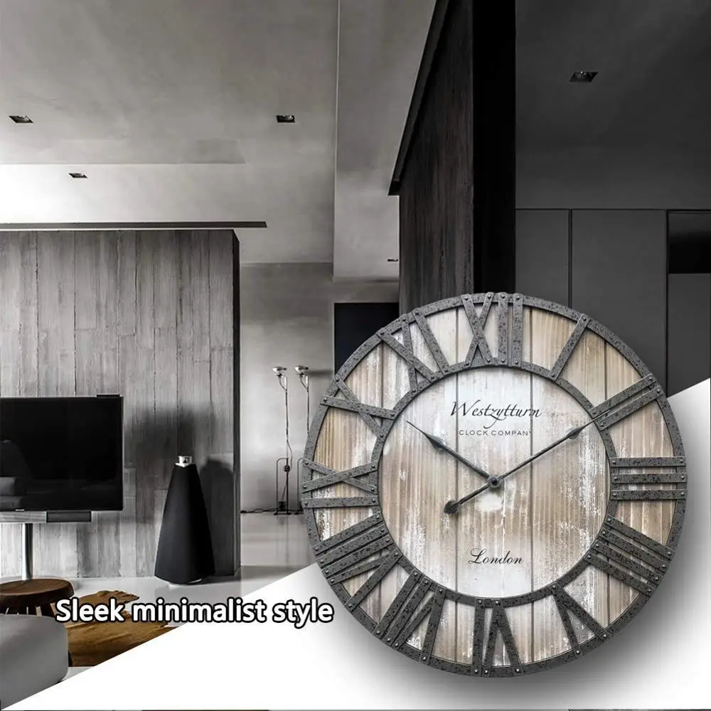 Wood Clock 18 inches Large Farmhouse Wooden Wall Clock Rustic Decorative Antique Battery Operated Non Ticking Round Big Clocks