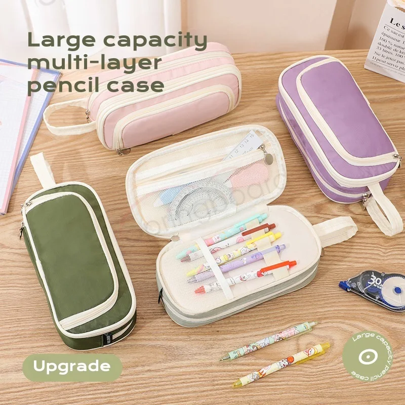 2024 Latest Large Capacity Simplistic Tri-Layer Composited Cloth Pencil Case with Handle for Students Three Layer Pencil Box