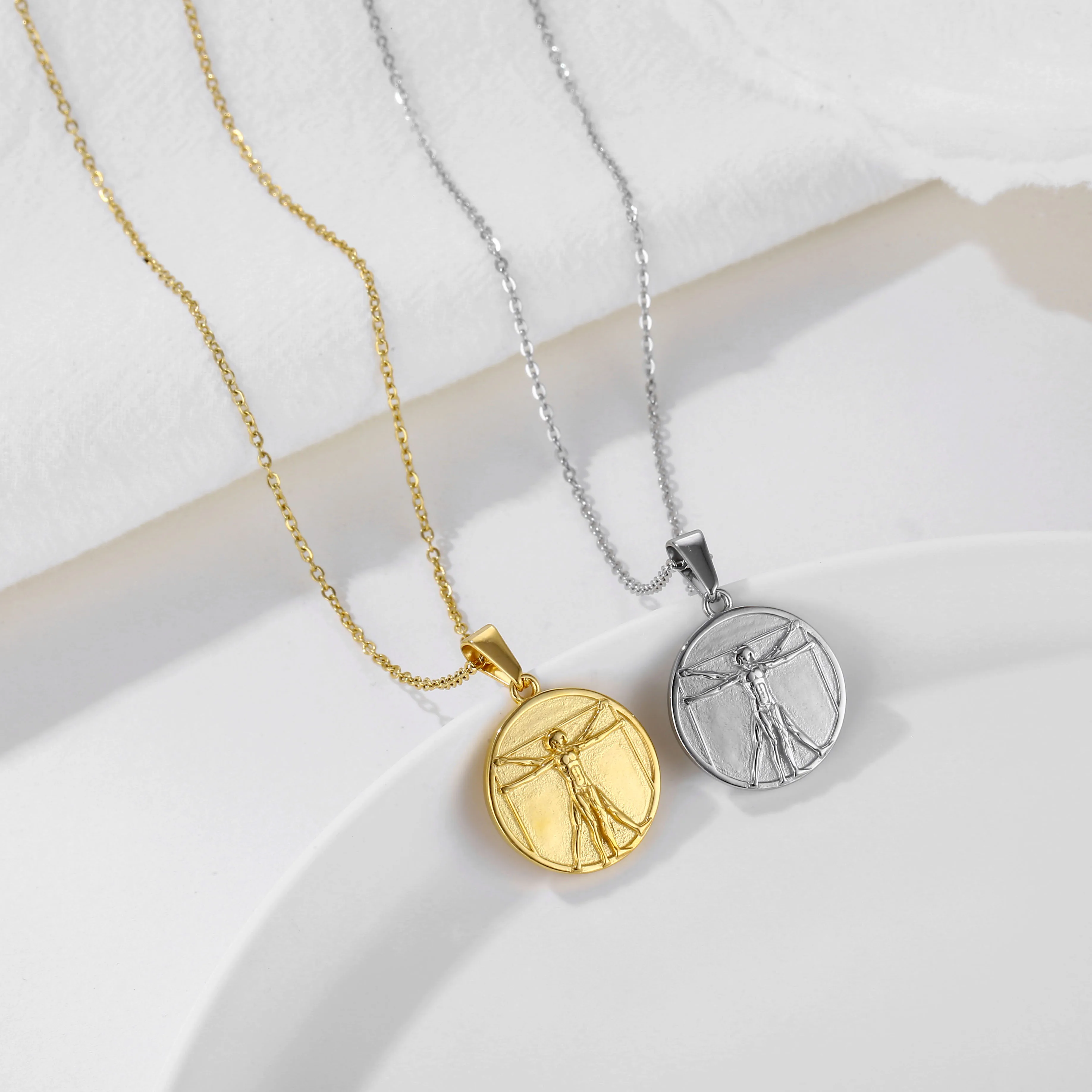 Fashion Jewelry Stainless Steel Silver Vitruvian Pendant Ancient Greek Mythology Roman Coin Da Vinci Vitruvian Charms Necklace