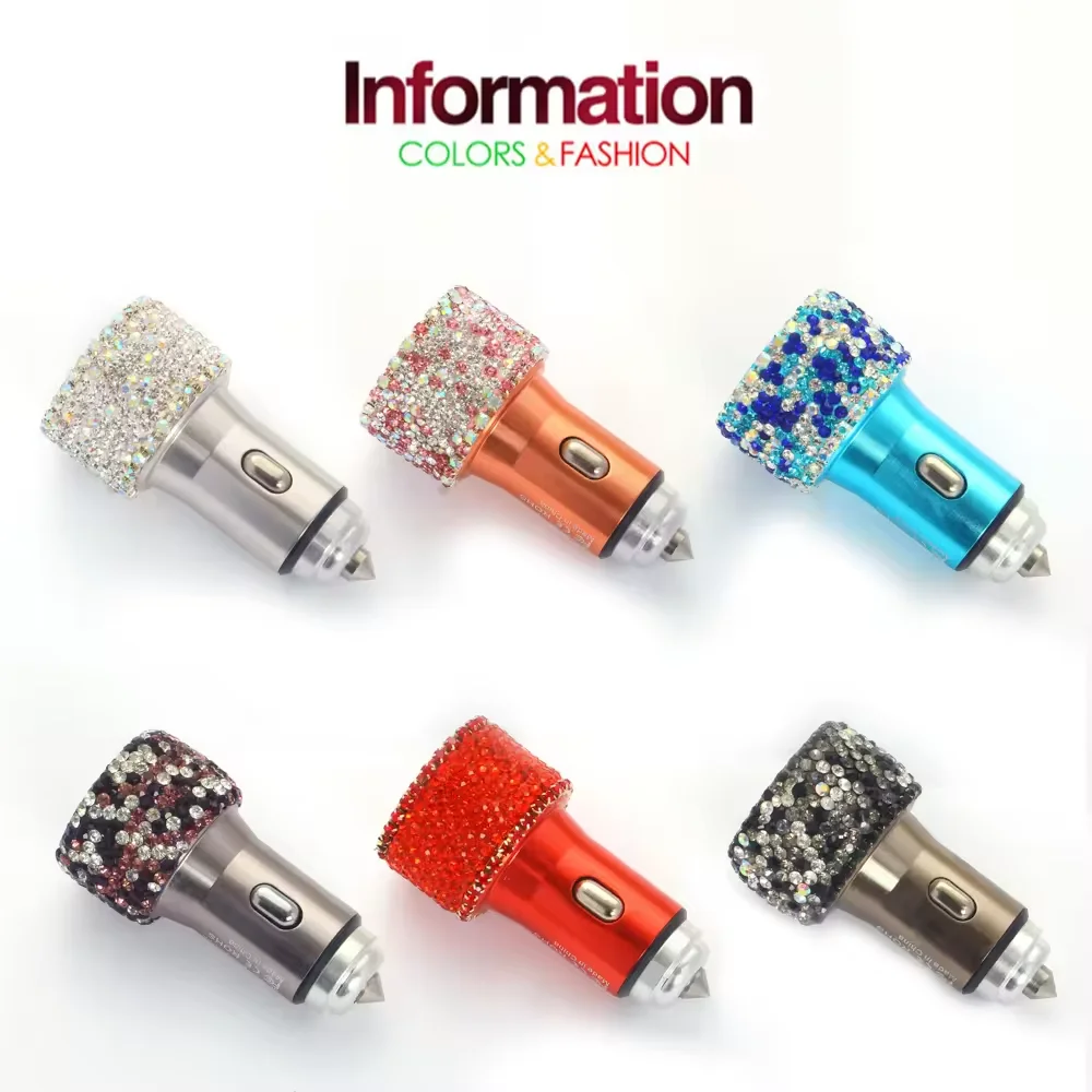 Dual USB Car Charger Bling Bling Handmade Rhinestones Crystal Car Decorations Fast Charging Car Decors for iPhone for Samsung