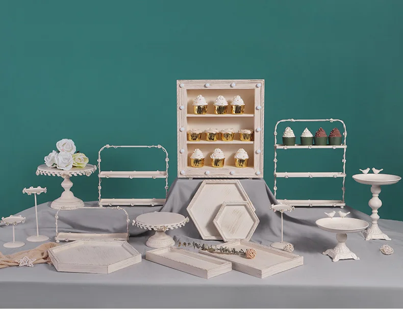 White Wooden dessert table ornaments  wedding display shelf cake table delicate tea rest tray