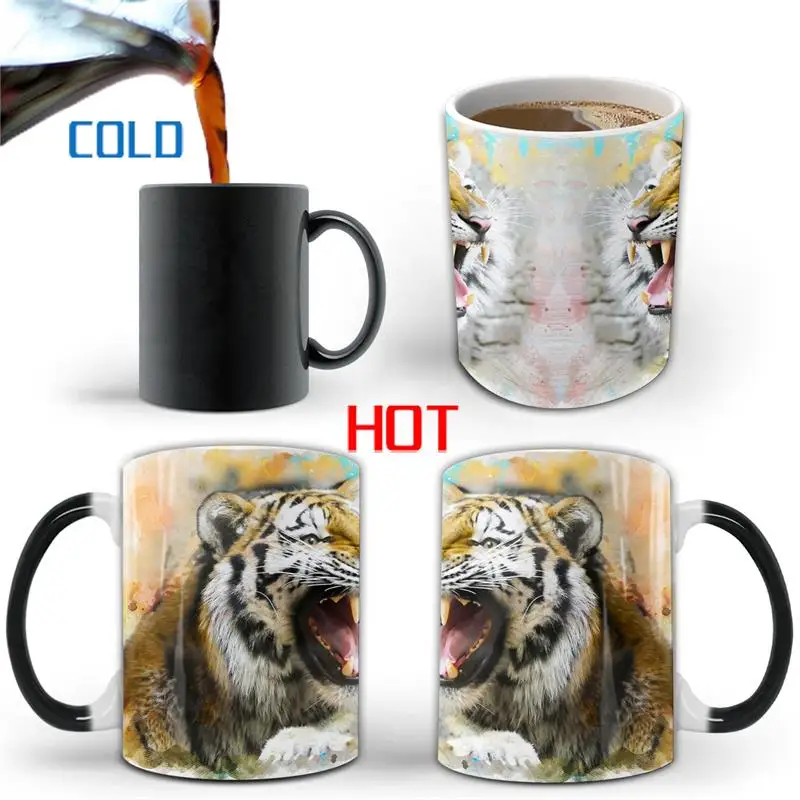 Sublimation Wholesale custom ceramic stoneware 3D tiger lion leopard animal personalized cup color changing ceramic coffee mug