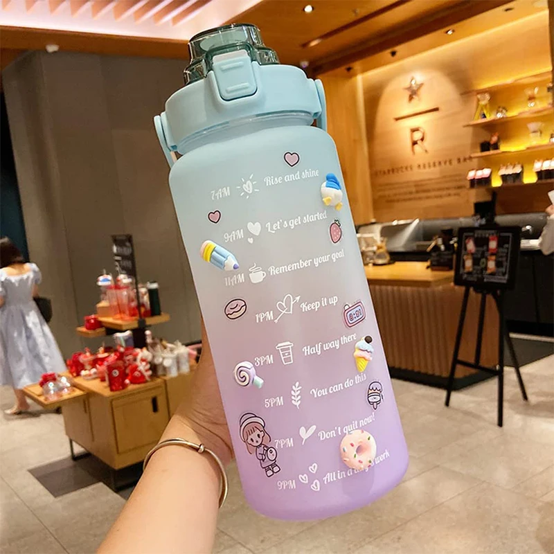 Gallon Water Bottle with Straw Sports Gradient Bottle Cute Cartoon Sticker Big Capacity Trending Gym Plastic Water Bottle