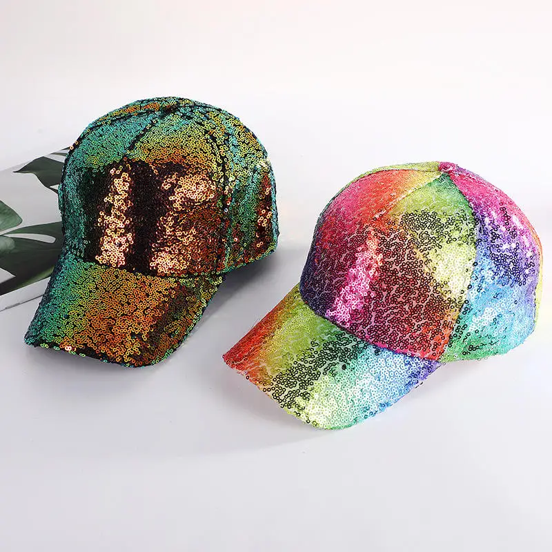 High Quality Trendy Polyester Plastic Buckle Ladies Women Men Unisex Colorful Shining Sequined Baseball Cap