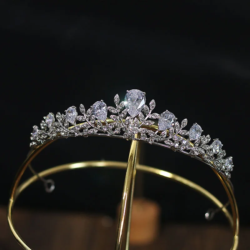 DaiMing HG08201Korean-style Zircon Alloy Bridal Tiara Leaves Flower Small Crown Wedding Dress Accessories