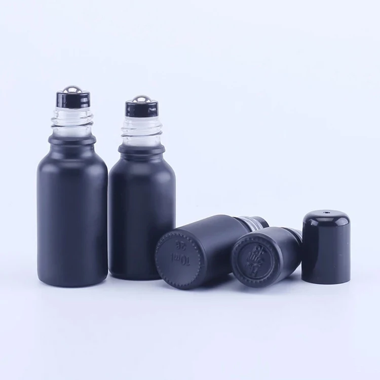 Customized wholesale 30ml 50ml matte black frosted Glass Roll on Bottle with Metal Stainless Roller Ball for essential oil