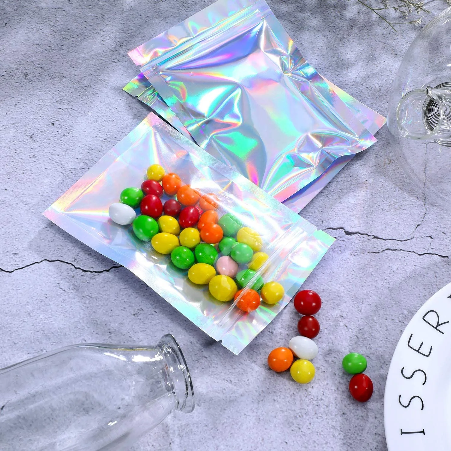 Holografico Saco De Embalagem Olog Plastic Laser Iridescent Bags Holographic Makeup Bags Hologram Zipper Bags