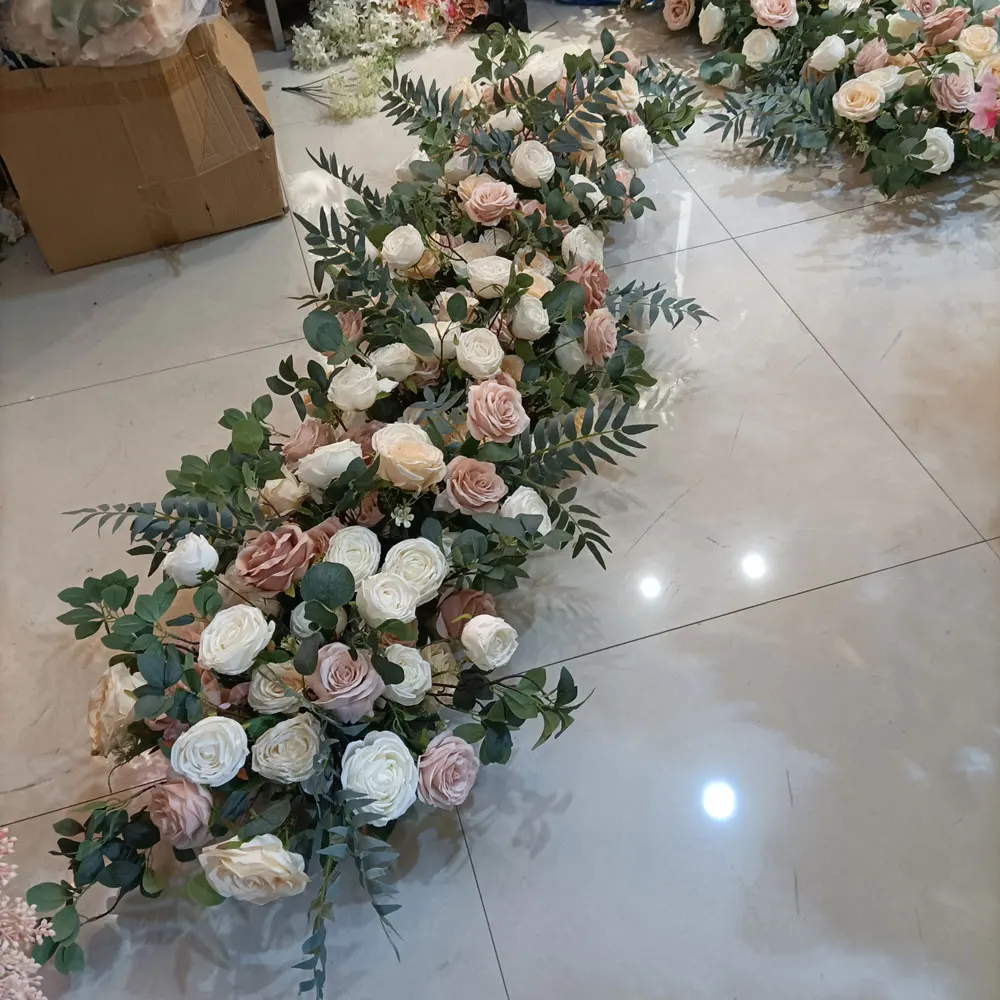 Factory customize real touch 100 cm leaf white yellow flower table arrangement runners wedding