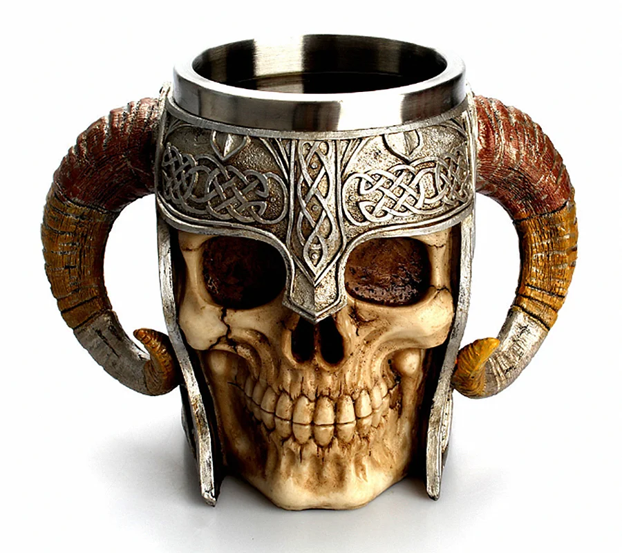 Stainless Steel Double Handle Horn Skull Beer Cup, Viking Warrior Medieval Mug Tankard Drinkware