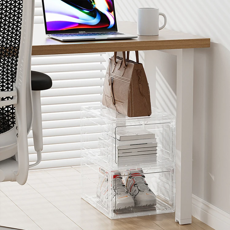 In Stock Stackable Sturdy Durable Plastic Shoe Organizer Simple Assemble Shoe Display Box with Magnetic Door