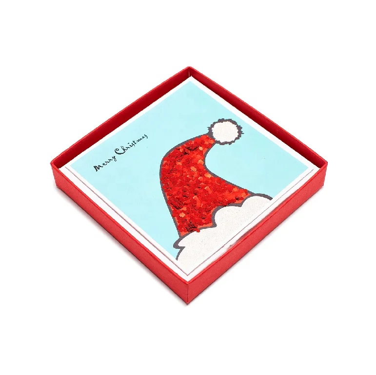 Праздничная открытка с шляпой Санты маленького размера с красными объемными блестящими картами, высококачественные рождественские коробки