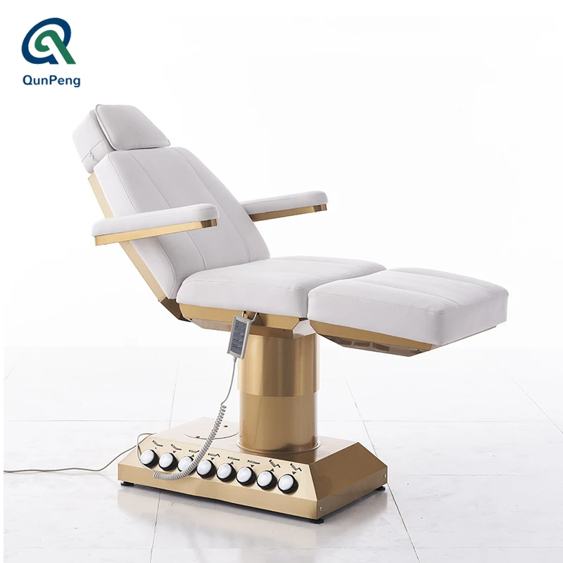 Qunpeng 2014 latest design electrical massage table gold base with light spa lash bed electric with 3 motors