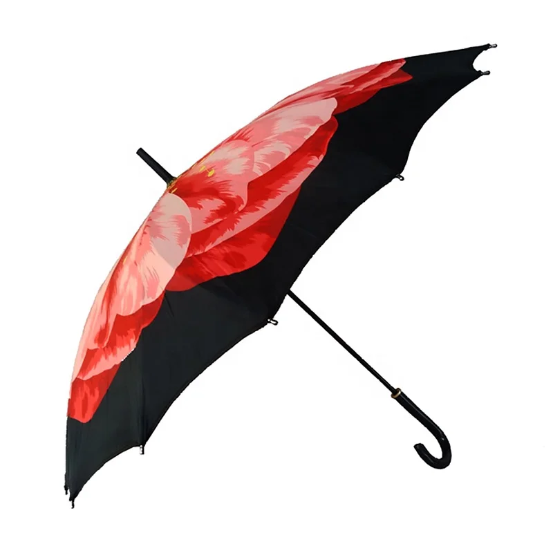 Multi Colors 16K Rib Curved Handle Ladies Girl Women Walking Decorative Rainbow Straight Golf Umbrella with Digital Flower Print