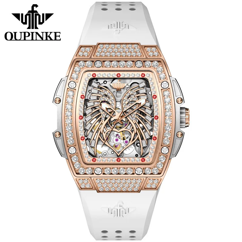 OUPINKE 3225 Top Luxury Brand Mechanical Women Watch Love Angel Wings Design Skeleton Automatic Elegant White Ladies Wristwatch