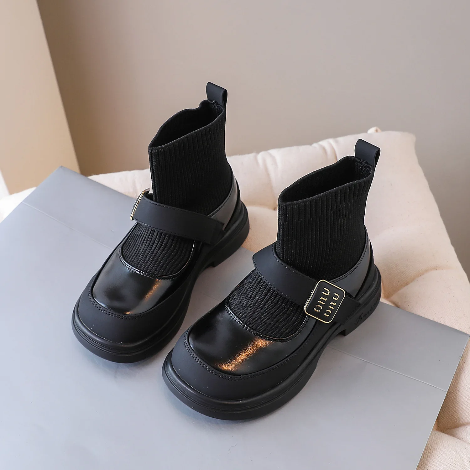 Girls Princess Dress School Uniform Booties Shoes Toddler Kid Youth Stretch Knit Hook Loop Boot Children Ankle Short Sock Boots