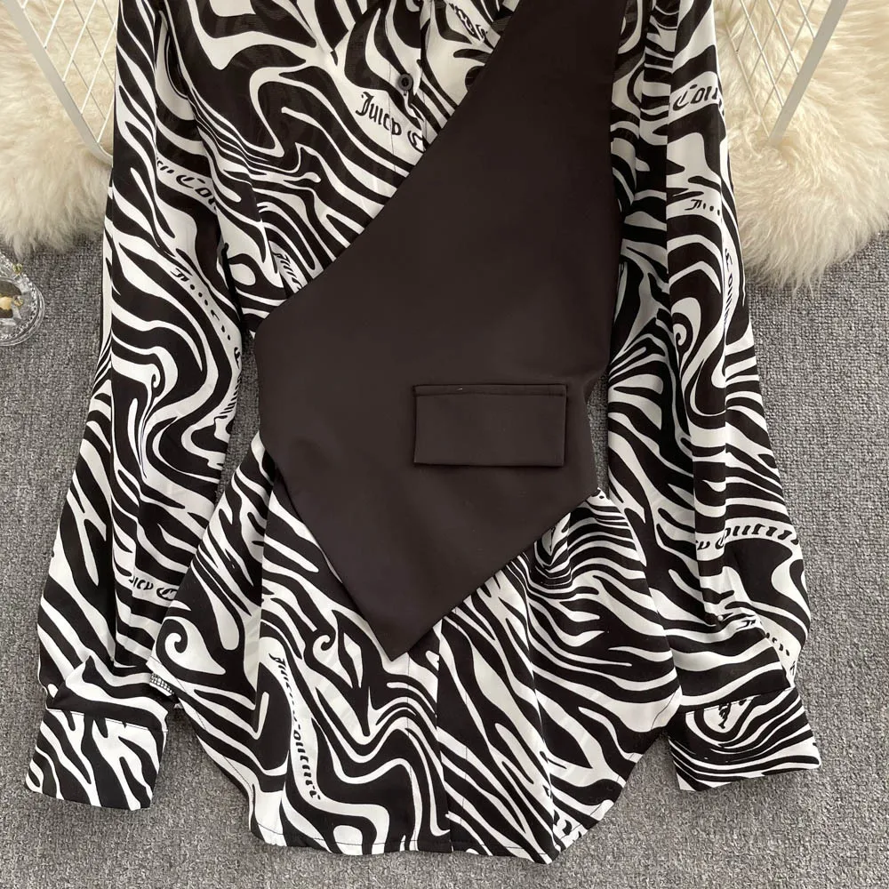 fashion new Korean version of the long-sleeved top loose thin zebra pattern stitching two-piece shirt women