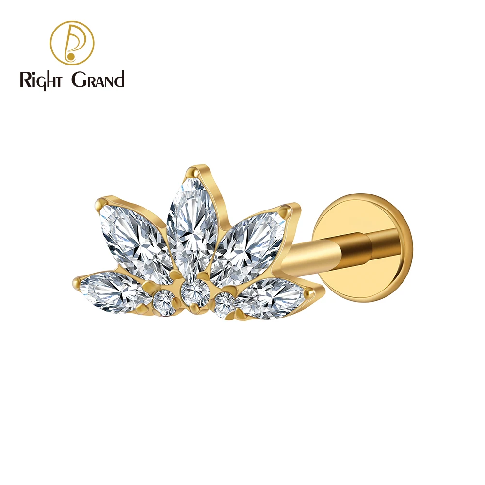 Right Grand ASTM F136 Piercing Titanium Marquise  CZ Flower Flat Back Stud Labret Tragus Helix Labret Piercing Earring Piercing