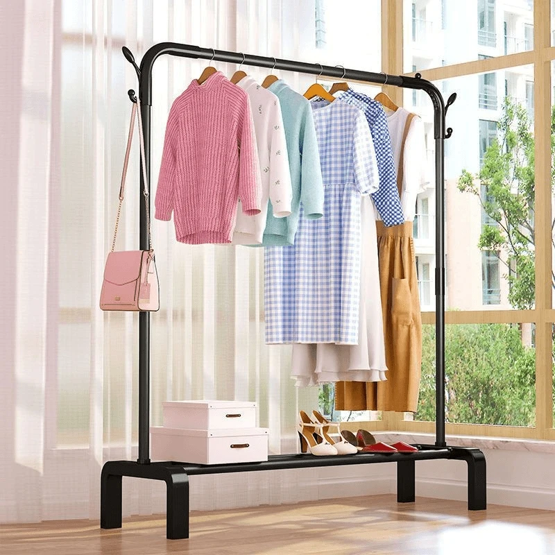 Wholesale Price Minimalist Design Household Coat Shoe Rack with Hooks Bedroom Black Coat Rack Commercial Garment Display Shelf