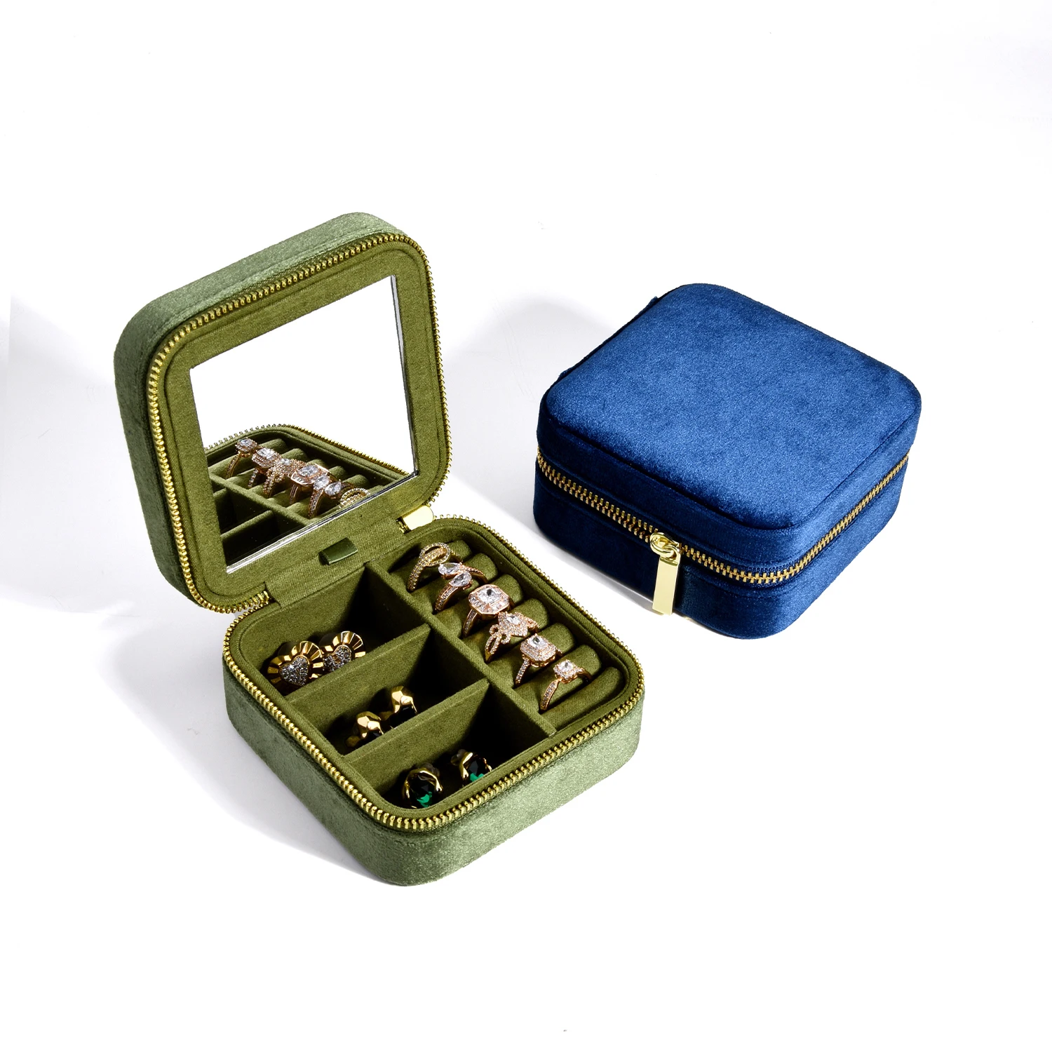 Velvet Jewelry Box Square With Mirror Travel Vintage Green Ring Earrings Storage Box Smart Ring Jewelry Storage Box Navy Blue