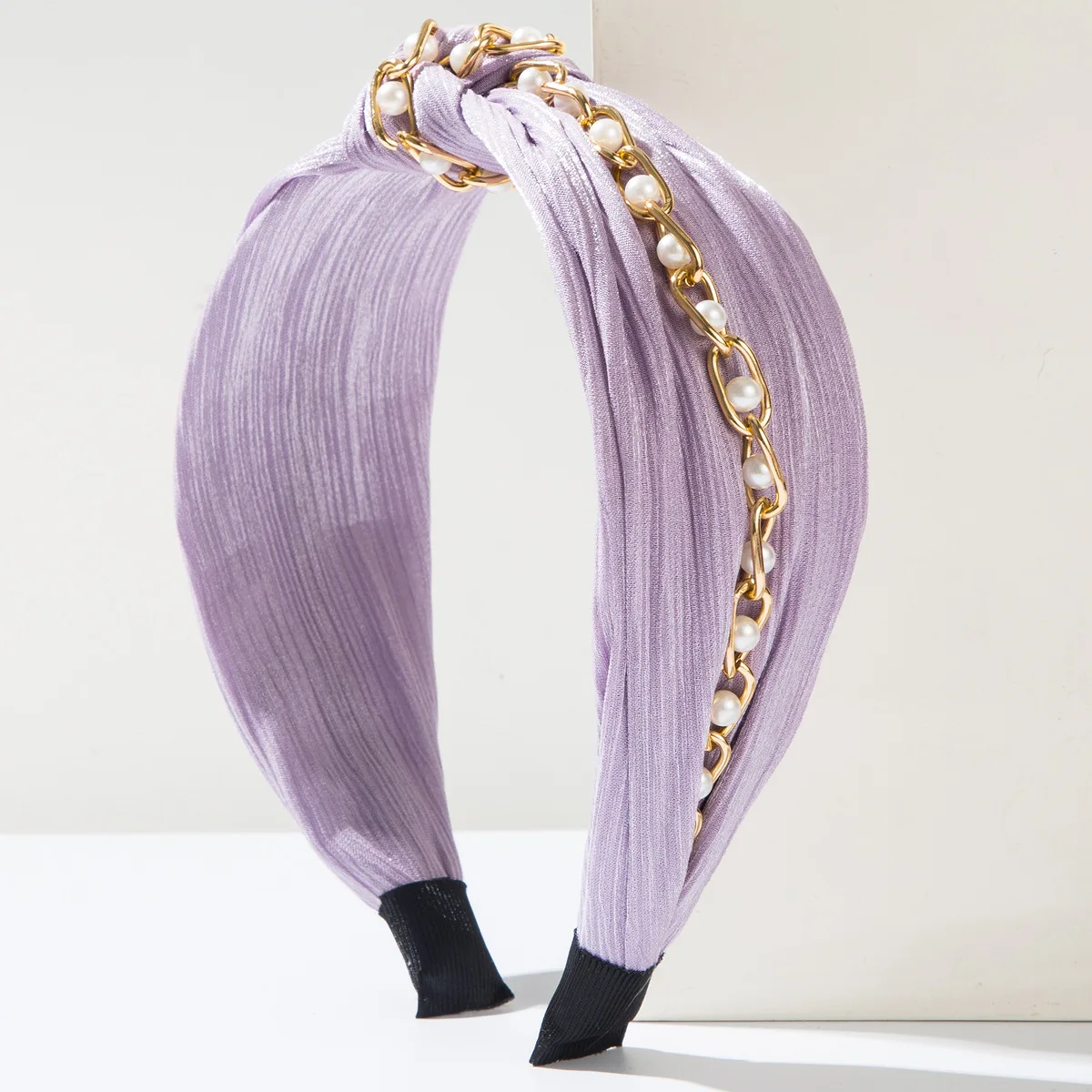 Wholesale Trendy Ladies Elegant And Luxurious Pearl Metal Chain With Wide Edge Decoration Hair Band Silk Headband