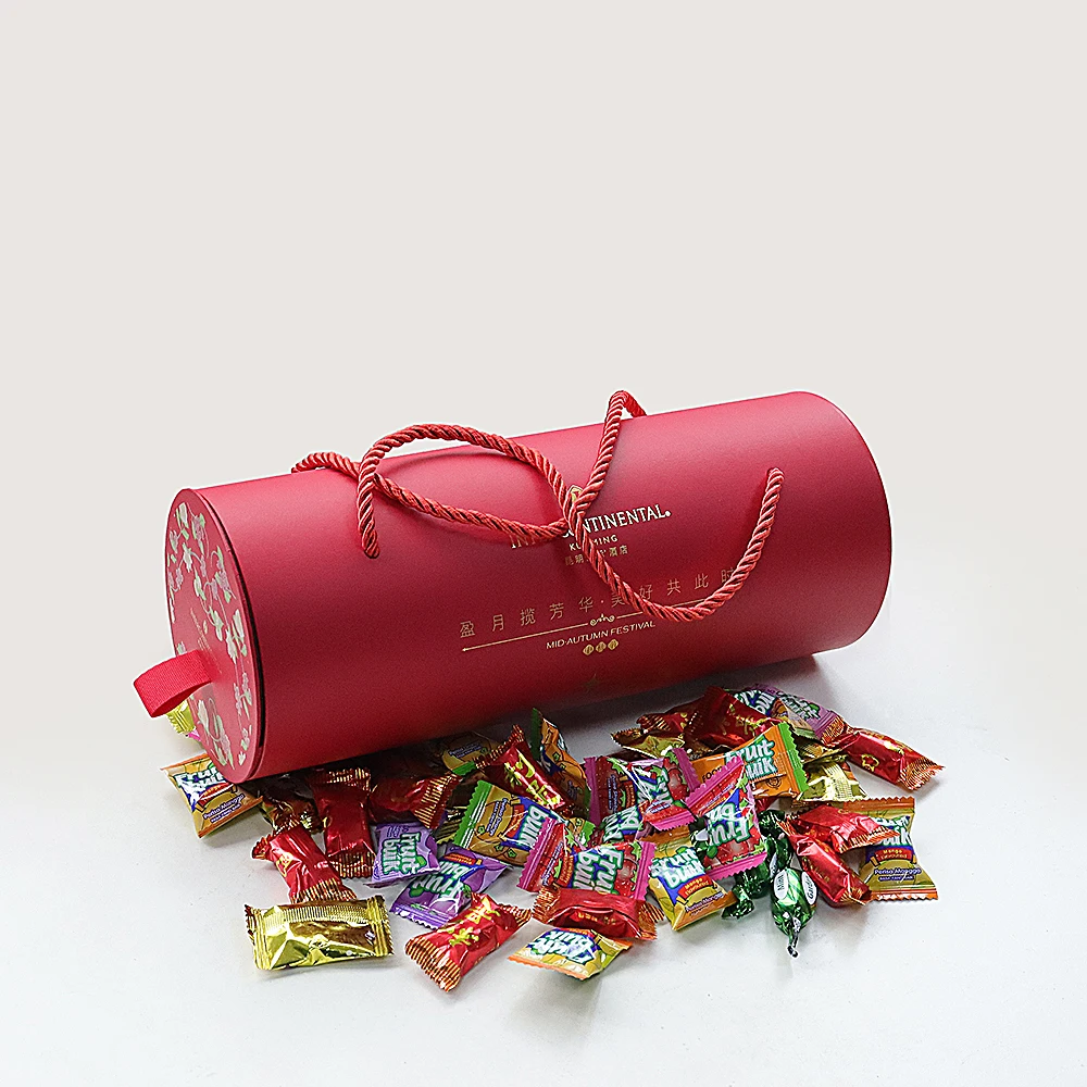 Custom Recyclable Cardboard Moon Cake Packaging Tube Boxes Creative round Craft Paper with Rope Handle for Food & Cosmetics