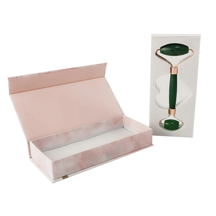 Custom Logo Flap Lid Magnetic Closing Pink Jade Roller Guasha Beauty Face Roller Cosmetic Gift Set Packaging Box Kit With Eva