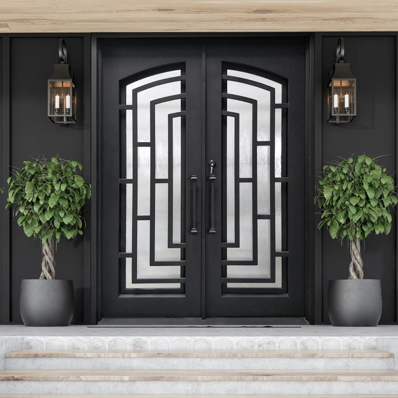 First Ironwork Wrought Iron Door Modern Iron Double Door Iron Entrance Door with Operable Glass