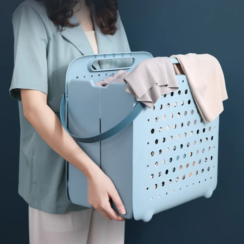 Plastic foldable laundry hamper laundry storage basket with handle