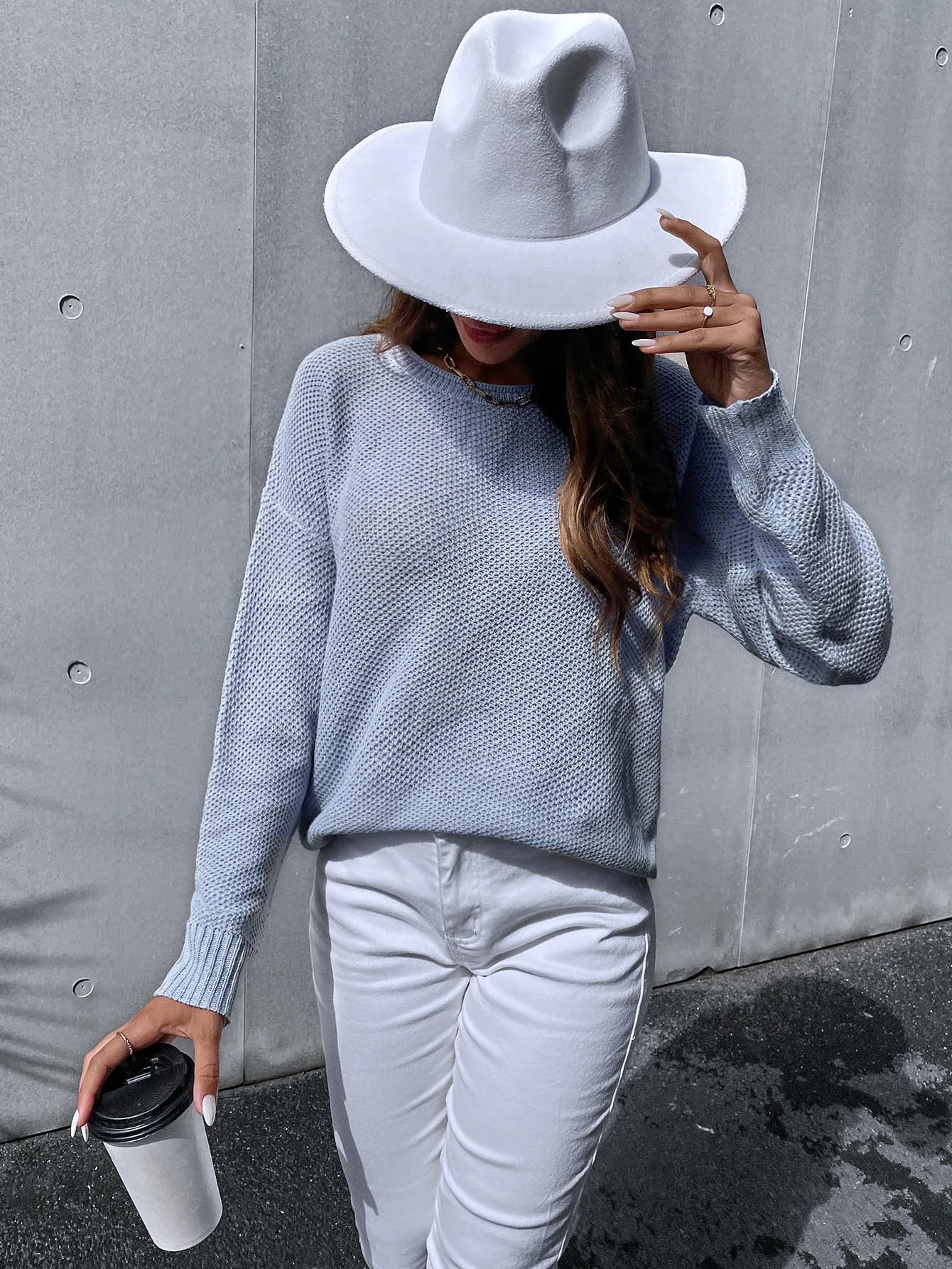 Spring Fall Ladies Fashion Korean Sweater Customizable Pullover Sweaters Light Blue Sweater
